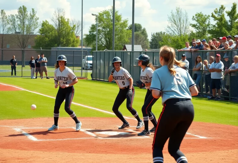 High school softball teams in action on the field