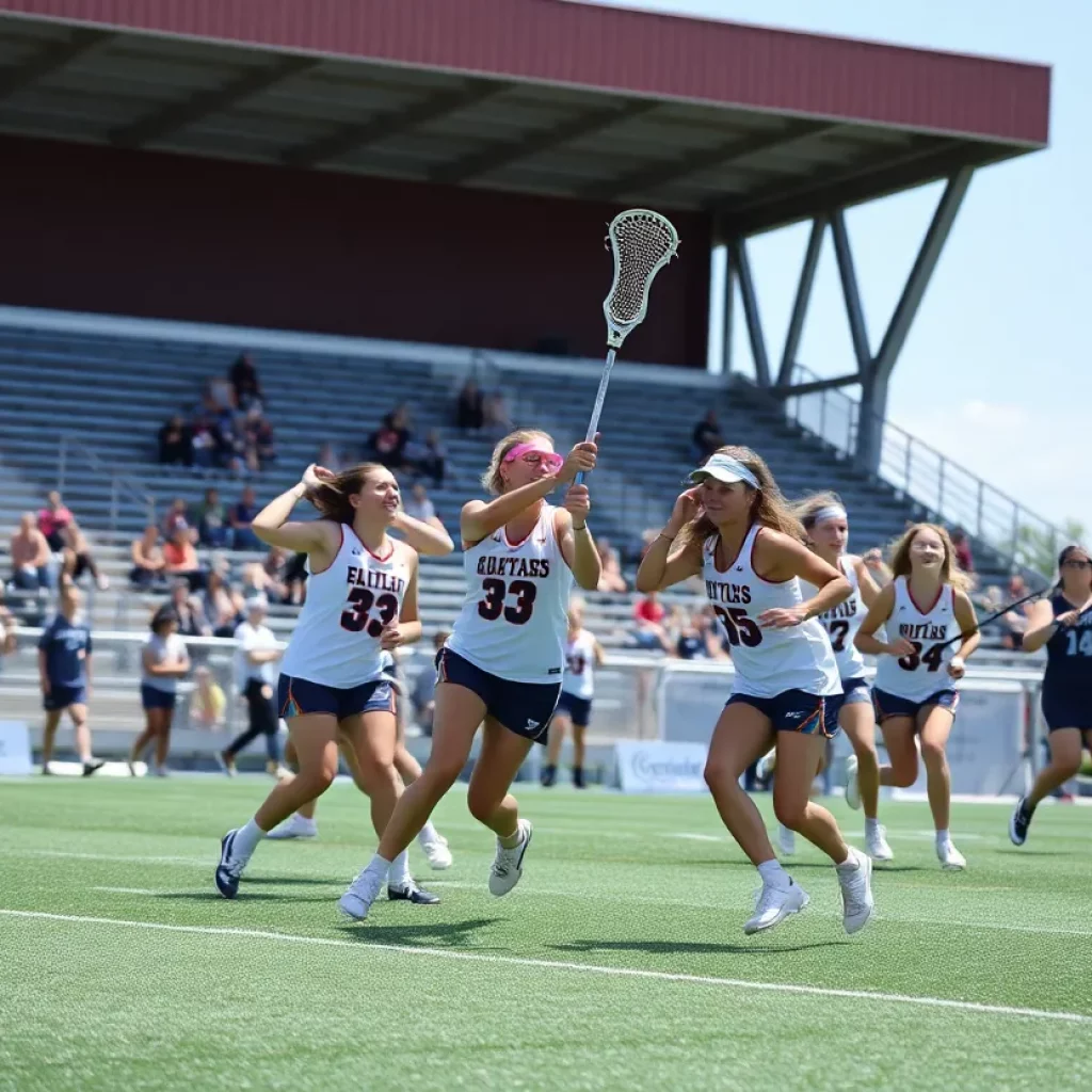 Boys and girls lacrosse players competing in a high school match in Nevada