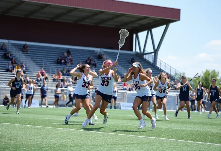 Boys and girls lacrosse players competing in a high school match in Nevada
