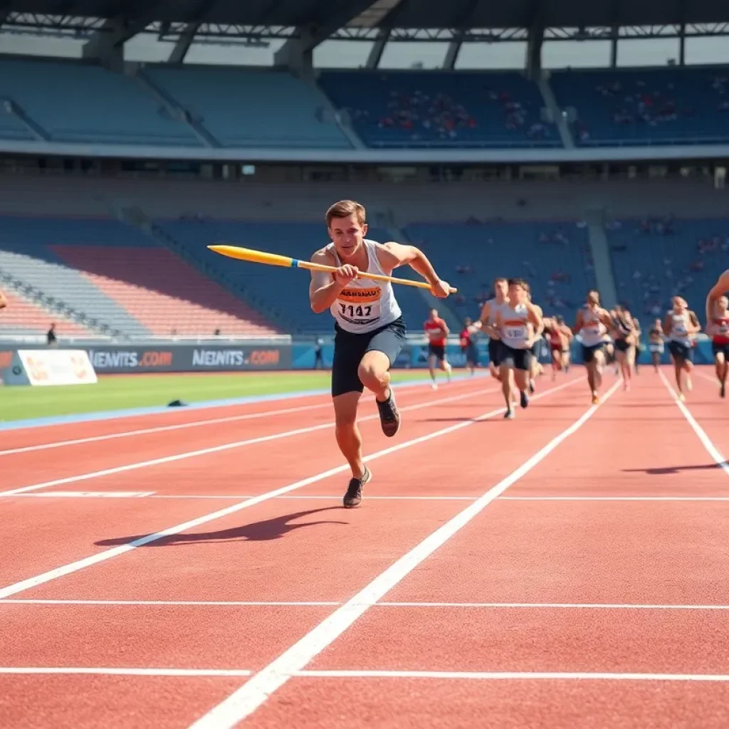 Athletes competing in javelin at a track and field event