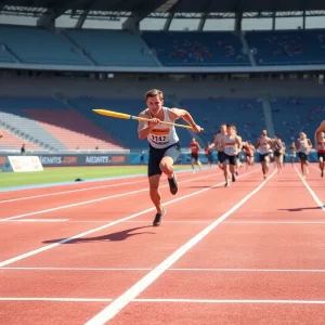 Athletes competing in javelin at a track and field event