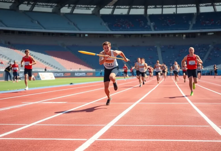 Athletes competing in javelin at a track and field event