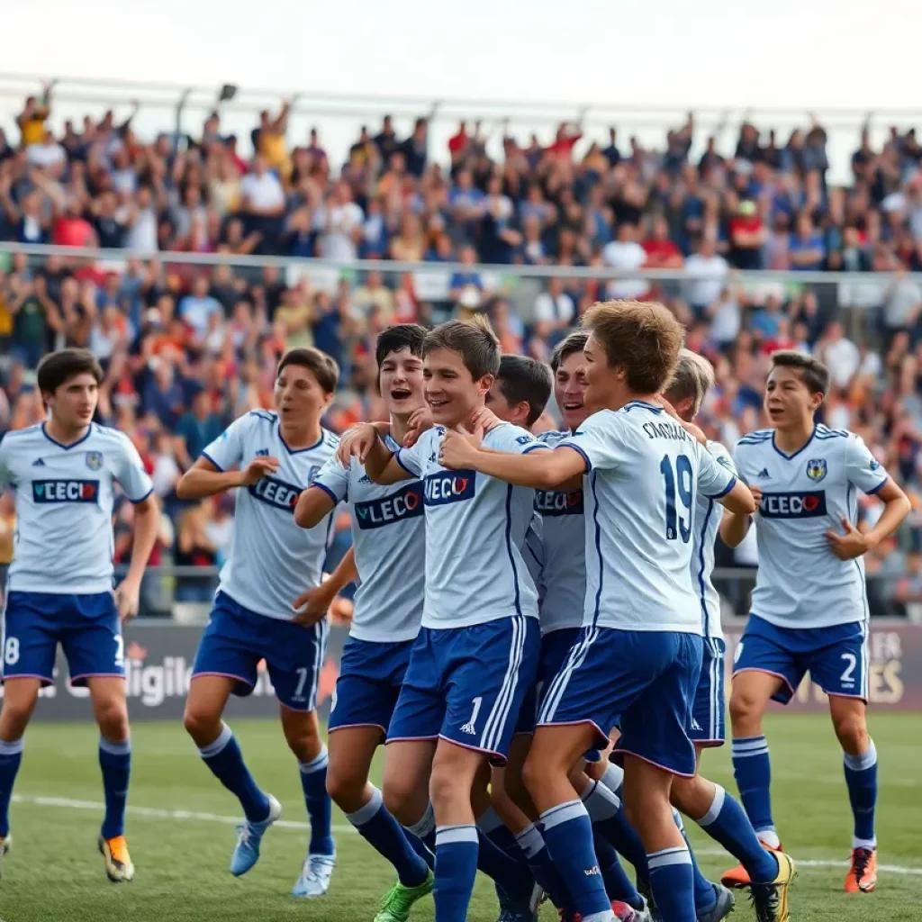 New Ulm boys soccer team celebrating a goal during a match.