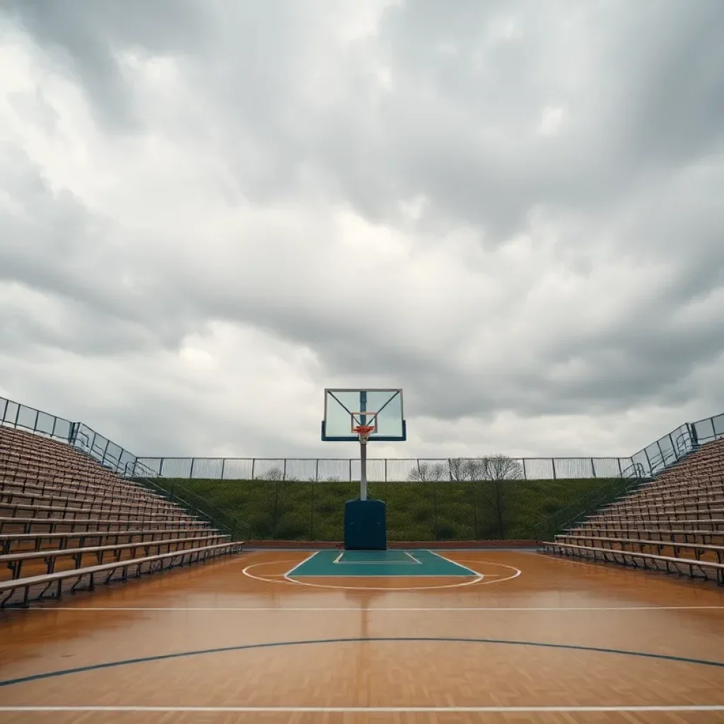 Empty basketball court reflecting a somber mood