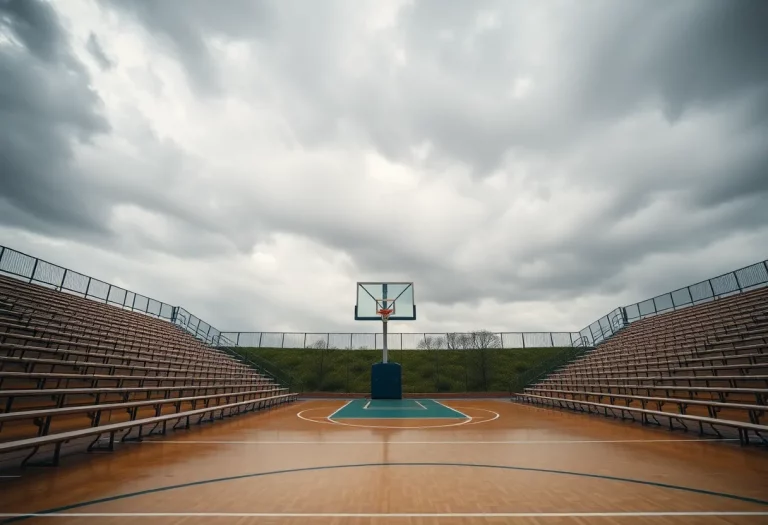 Empty basketball court reflecting a somber mood