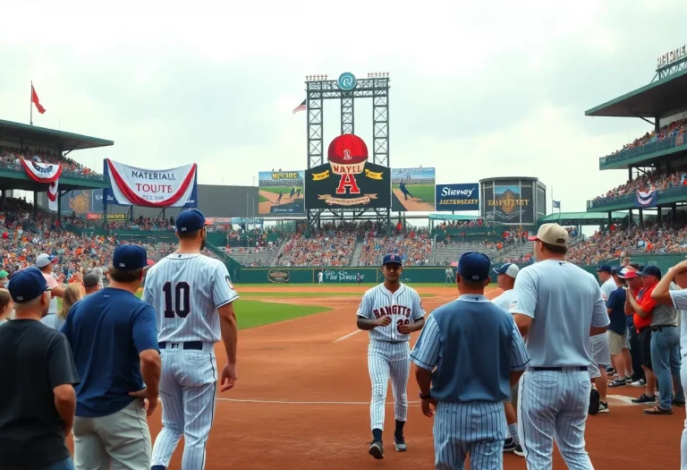 Crowd celebrating the Oak Ridge Bombers tribute at a baseball game.