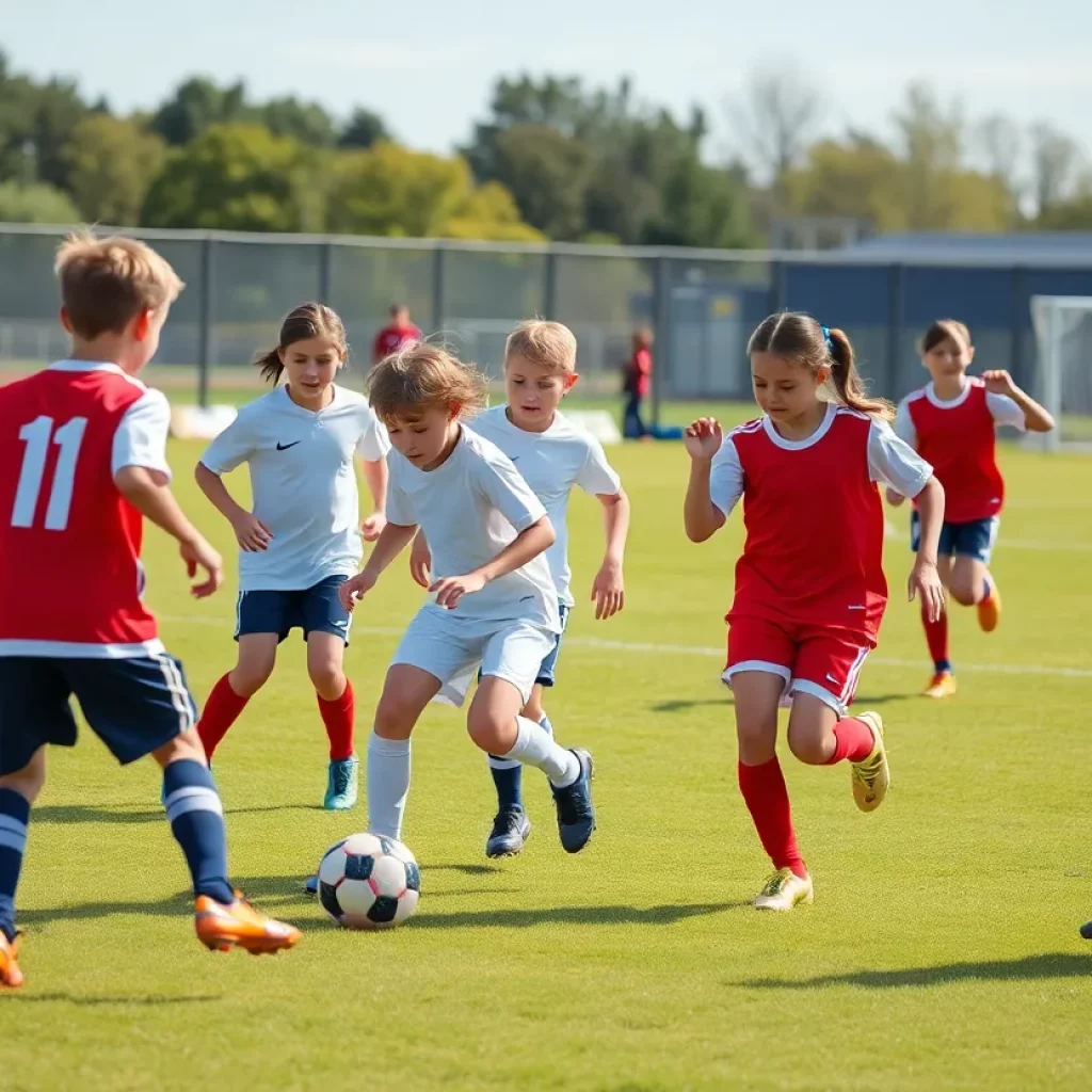 Young soccer players demonstrating teamwork and skill