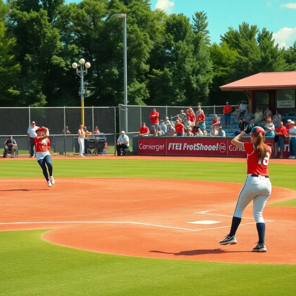 Players in action during a high school softball game in Oklahoma.