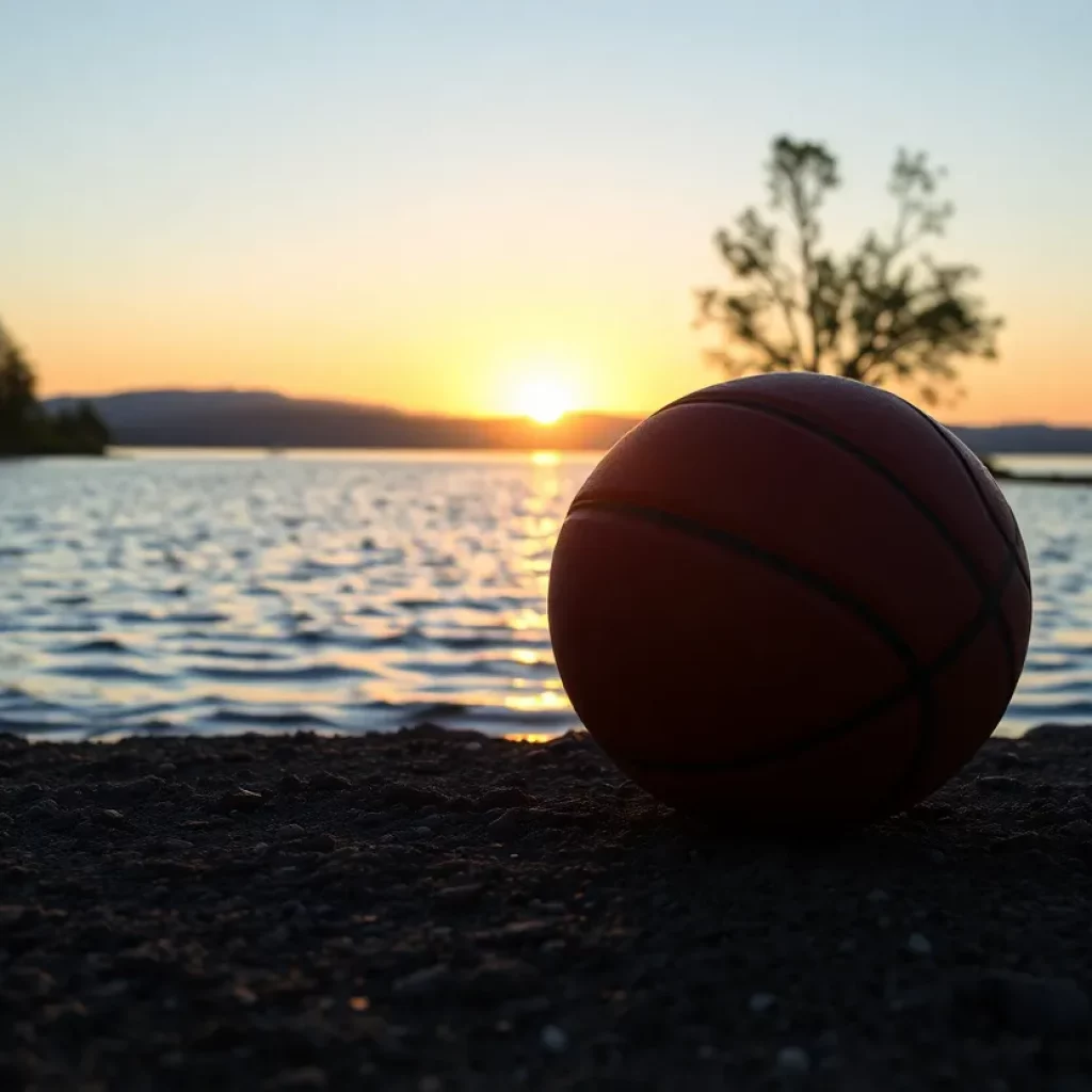 A peaceful lake at sunset with a basketball, honoring a young athlete's legacy