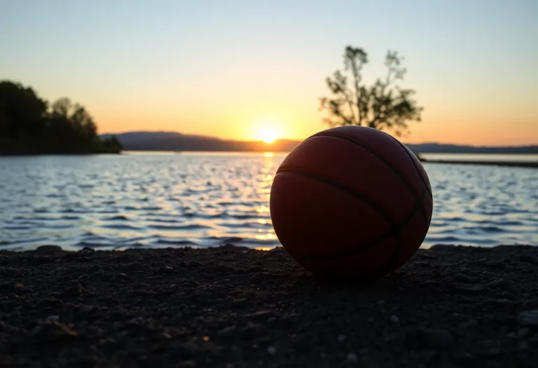 A peaceful lake at sunset with a basketball, honoring a young athlete's legacy