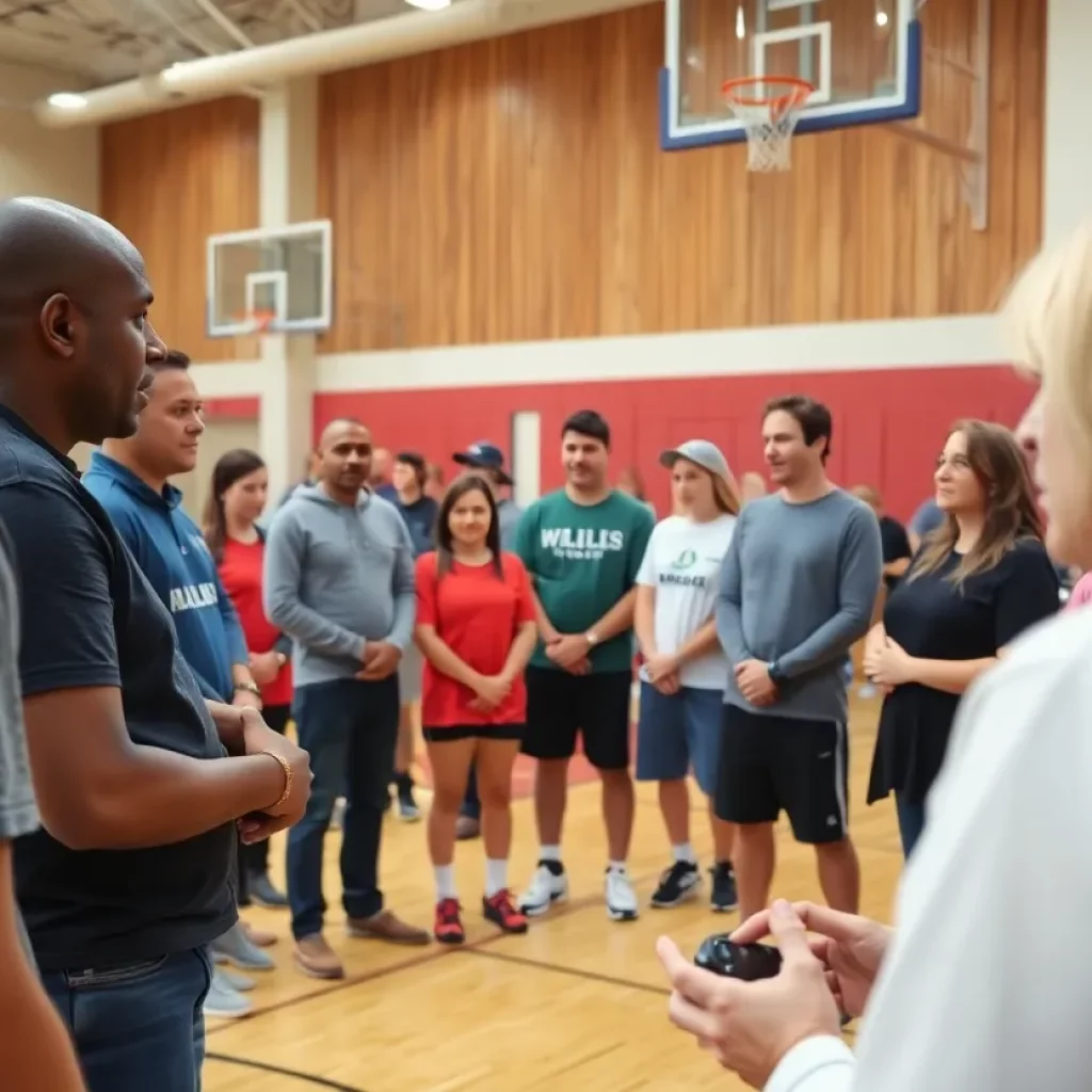 Parents and guardians discussing youth sports safety in a gym