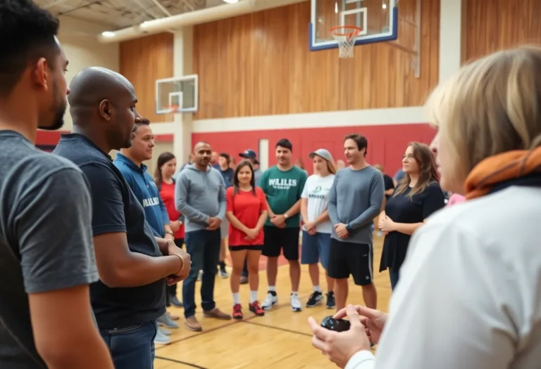 Parents and guardians discussing youth sports safety in a gym