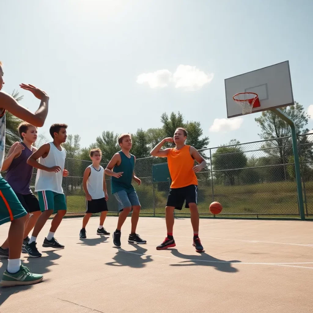 Orange High School basketball team practicing skills on the court