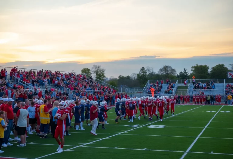 High school football players practicing on a field during autumn