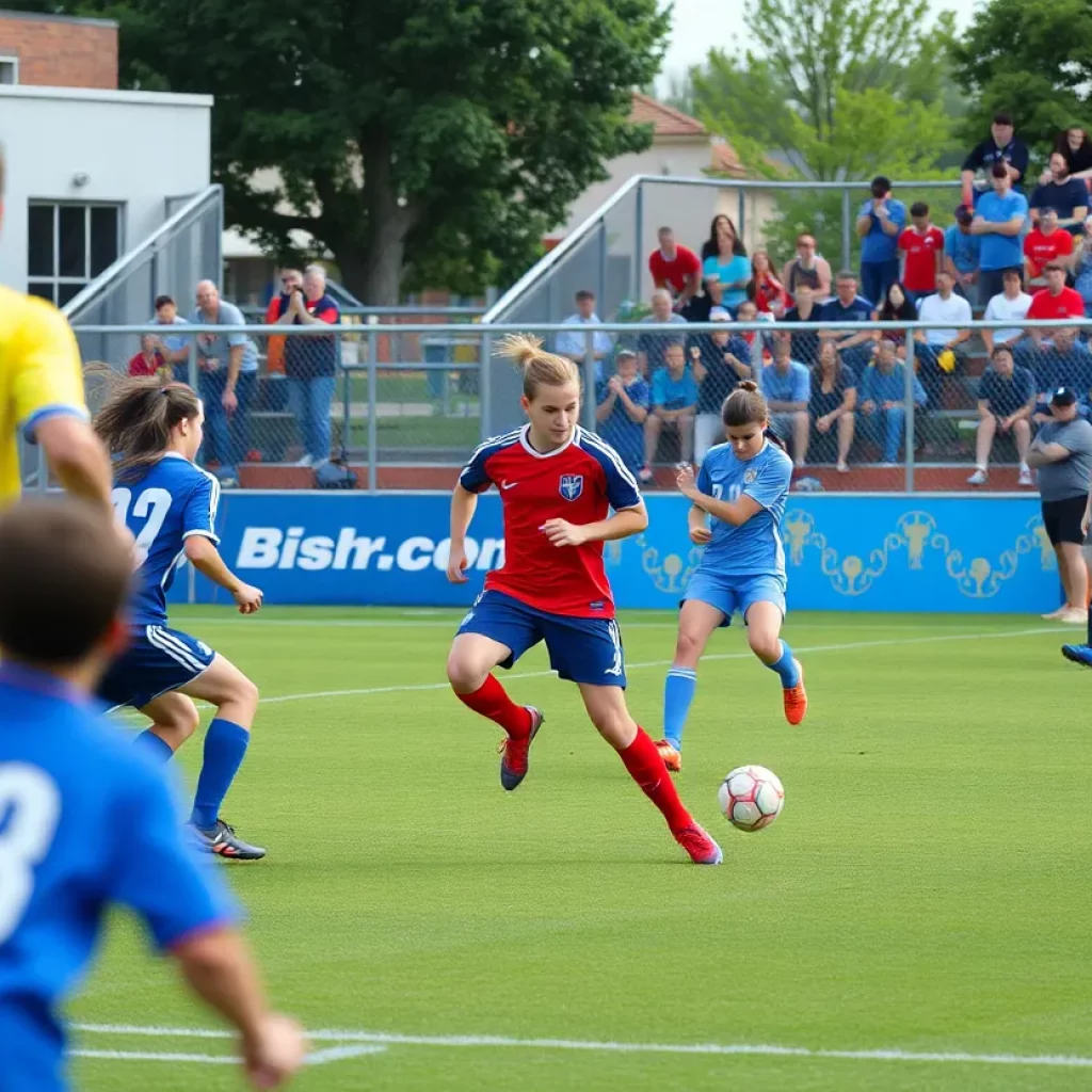 High school soccer players competing in a match