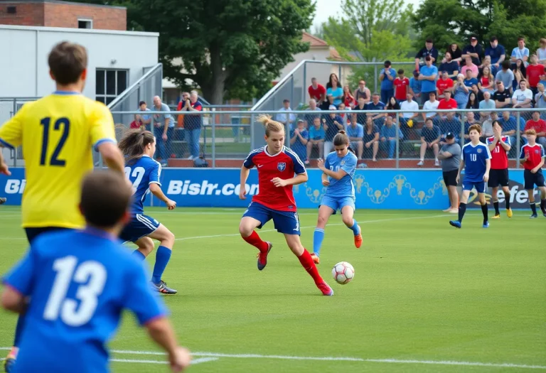 High school soccer players competing in a match