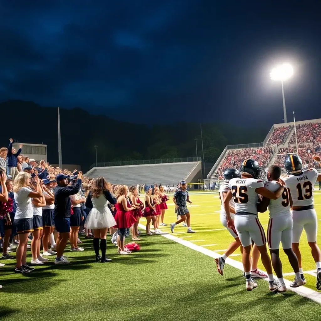 Players celebrating a victory in a high school football game