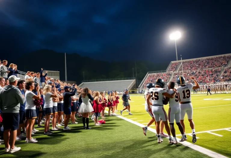 Players celebrating a victory in a high school football game