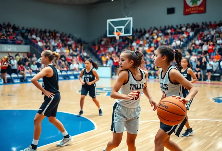 Girls basketball team practicing on the court
