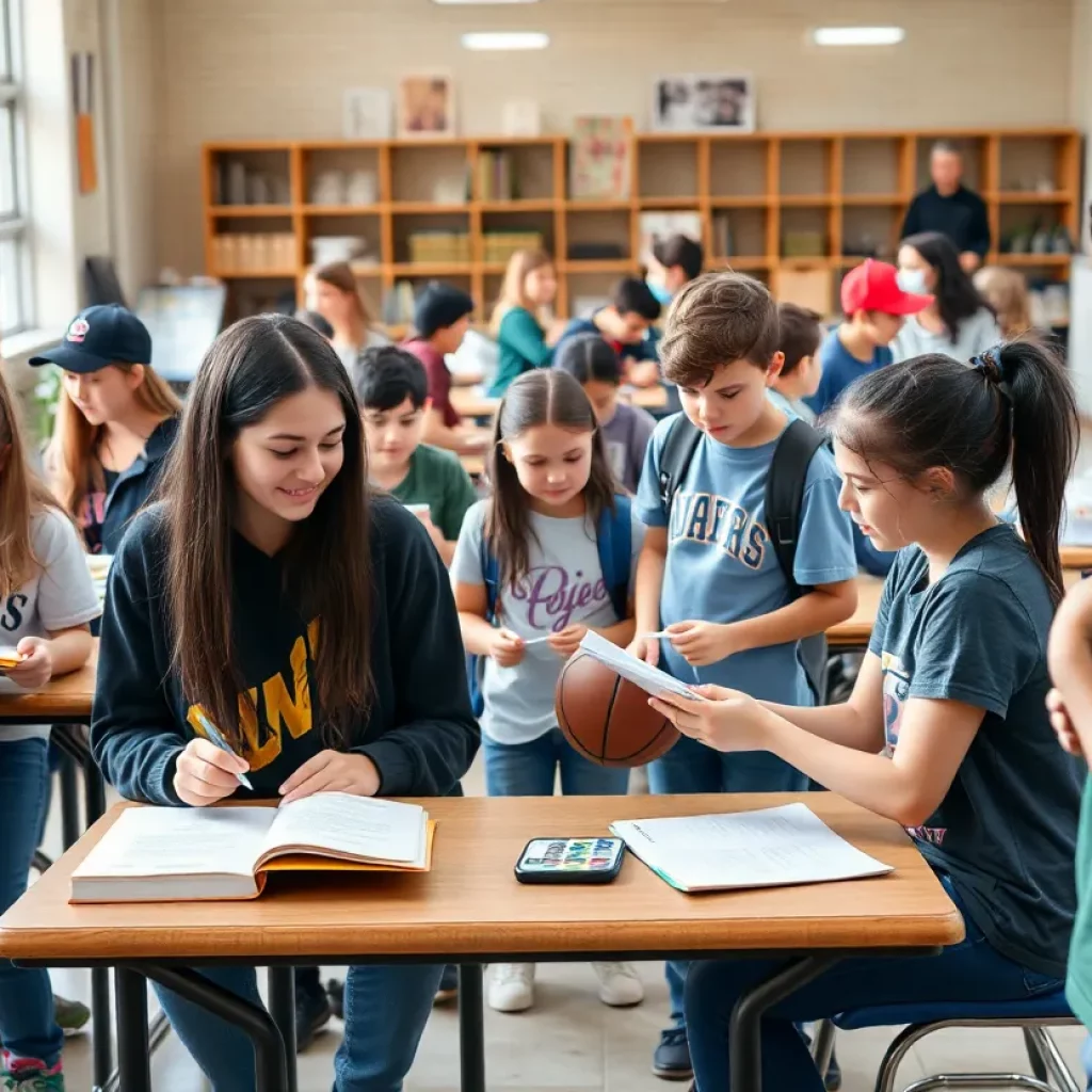 Students engaged in various school activities, representing teamwork and community service.
