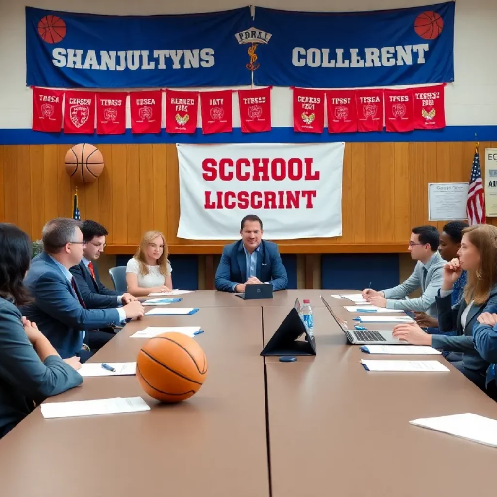 A vibrant school board meeting with members discussing changes