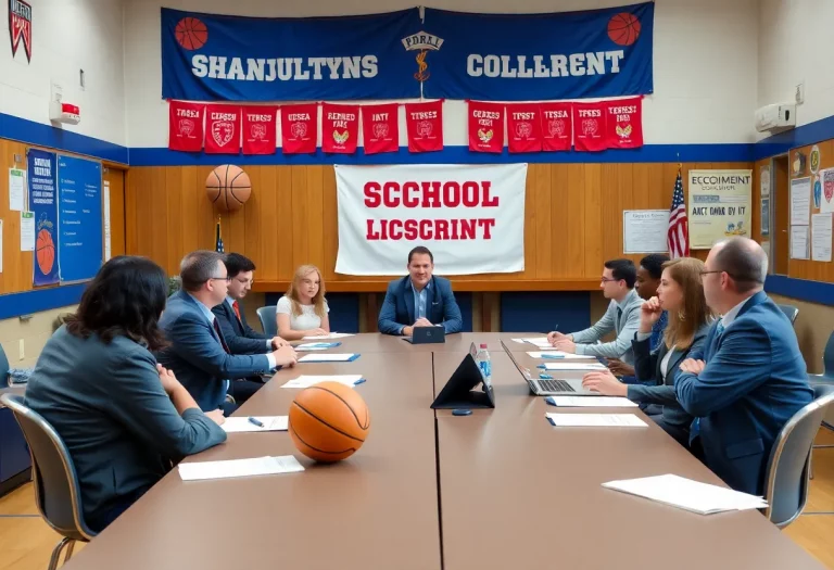 A vibrant school board meeting with members discussing changes