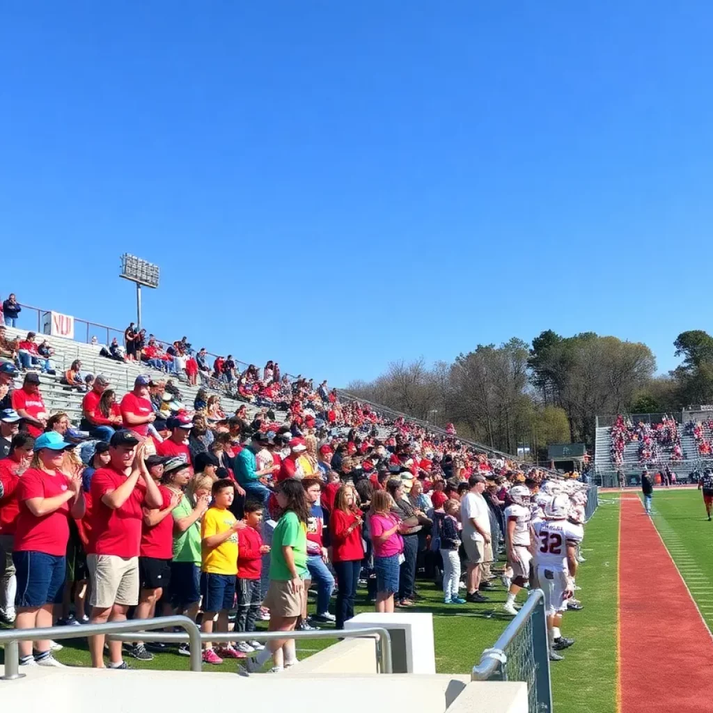 High school football players in action with enthusiastic fans cheering in the stands.