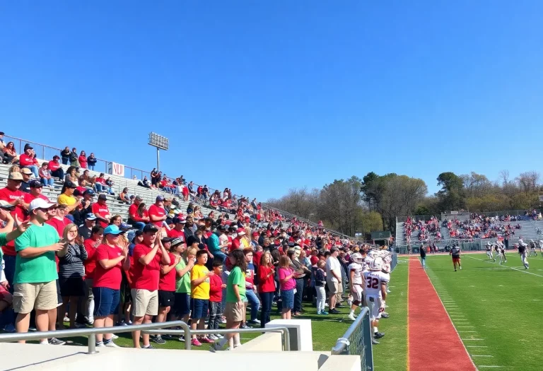 High school football players in action with enthusiastic fans cheering in the stands.