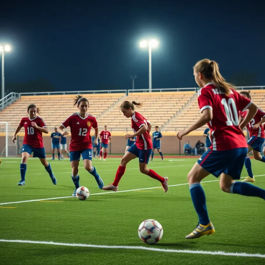 Peru High School soccer players in action during a match