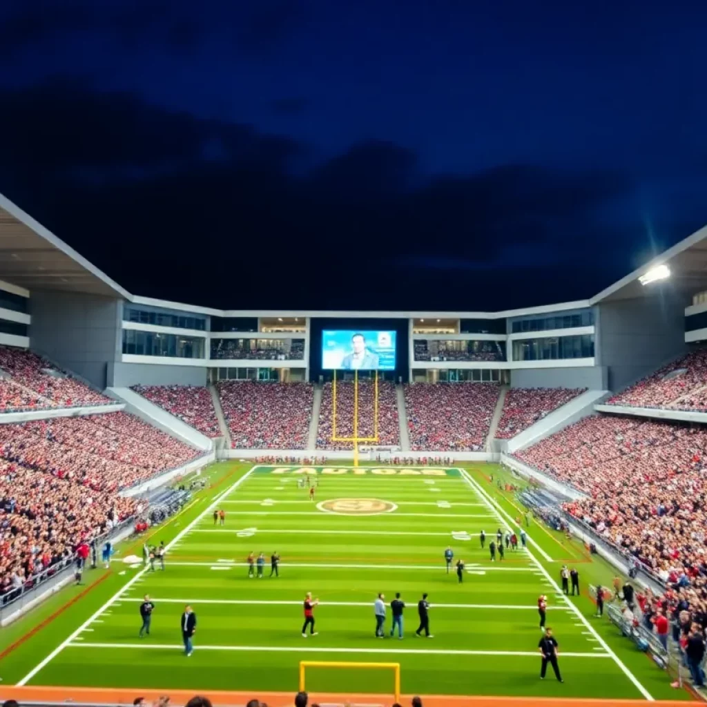 Exterior view of Phillip Beard Stadium filled with fans during a game night.