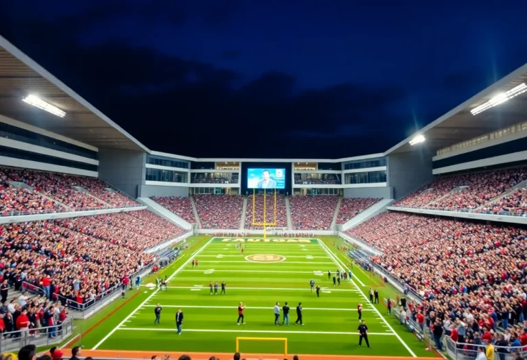 Exterior view of Phillip Beard Stadium filled with fans during a game night.