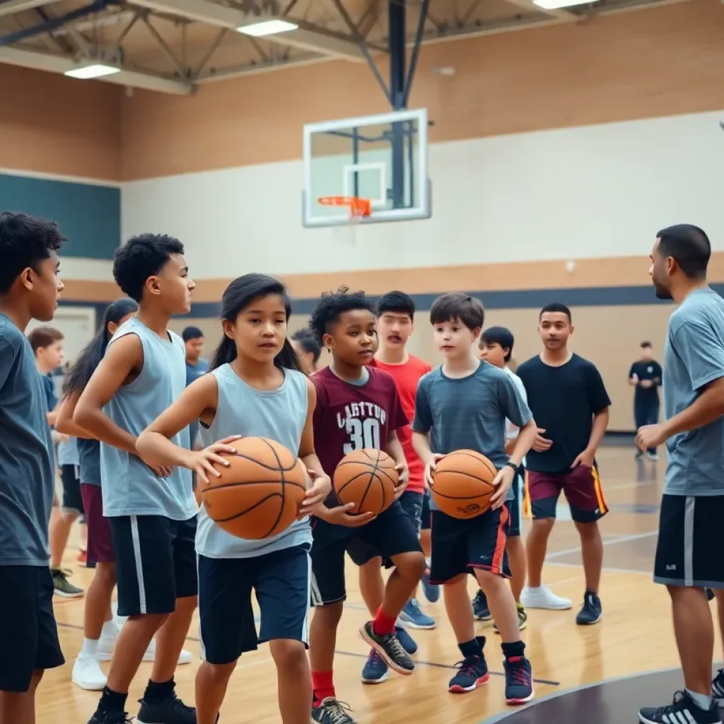 Students practicing basketball under the guidance of coaches at Pine Forest High School.