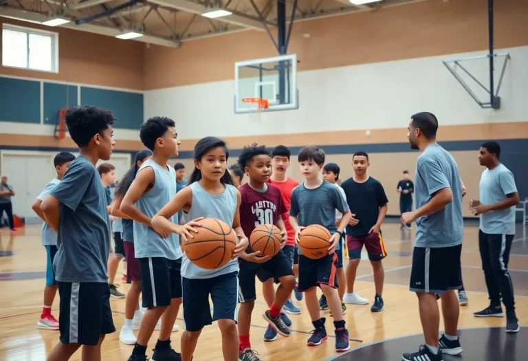 Students practicing basketball under the guidance of coaches at Pine Forest High School.