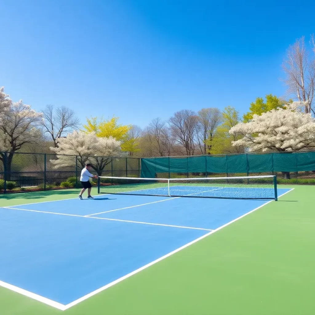 Players practicing on a tennis court in spring