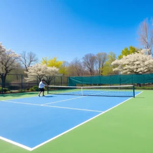 Players practicing on a tennis court in spring