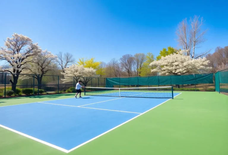 Players practicing on a tennis court in spring