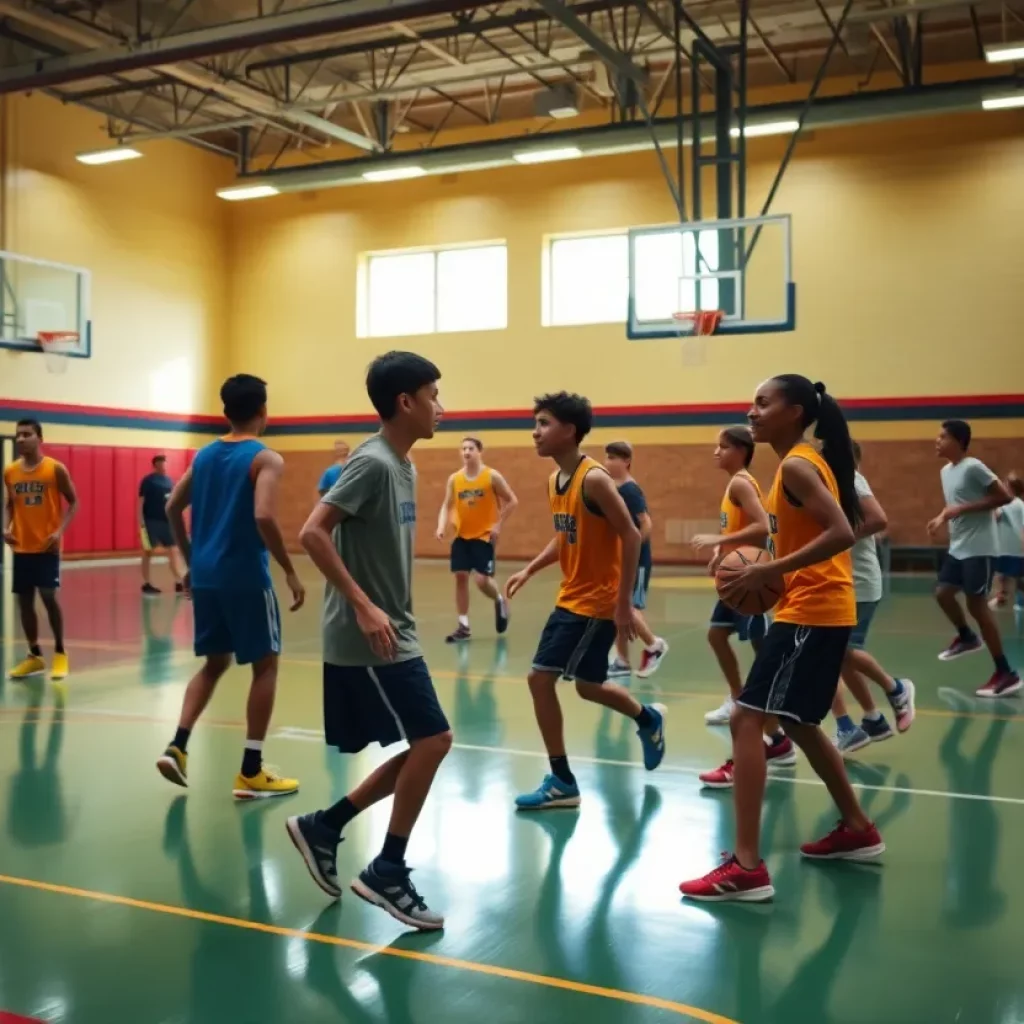 High school basketball players practicing in Pocono Mountain East gym.