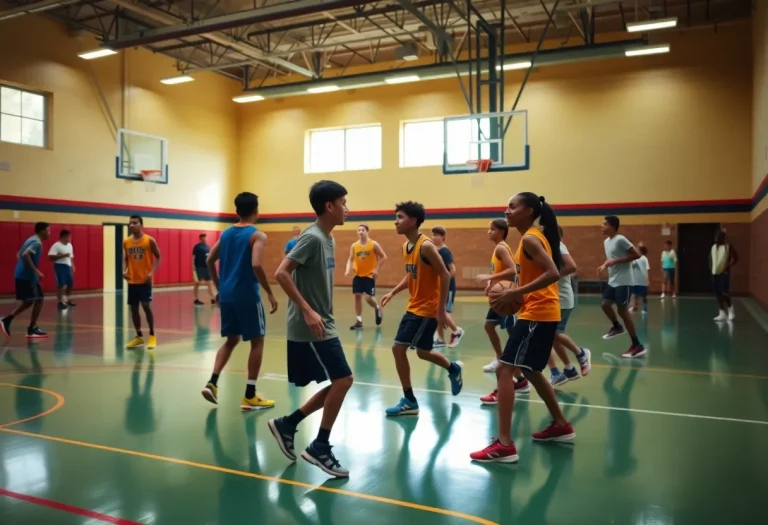 High school basketball players practicing in Pocono Mountain East gym.