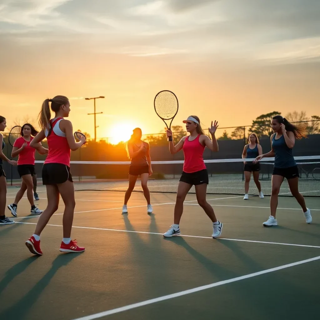 Girls tennis team practicing on the court