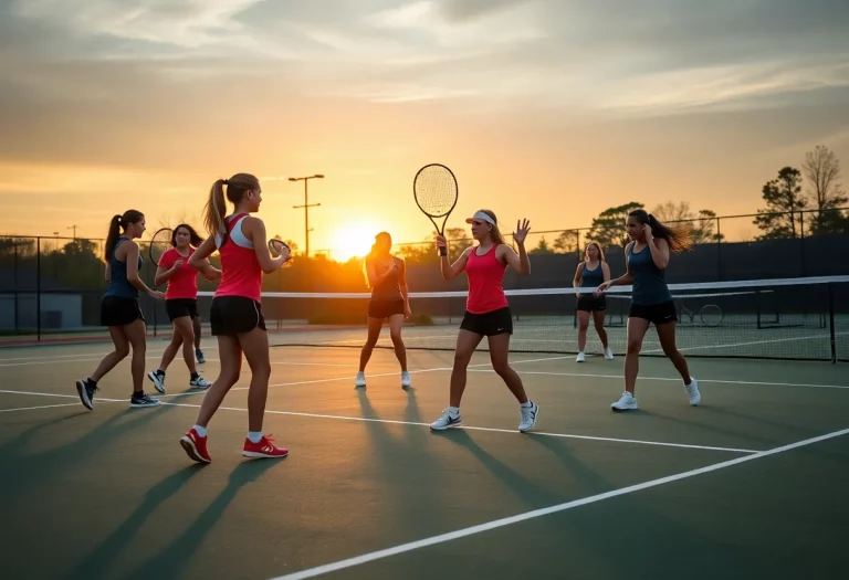 Girls tennis team practicing on the court