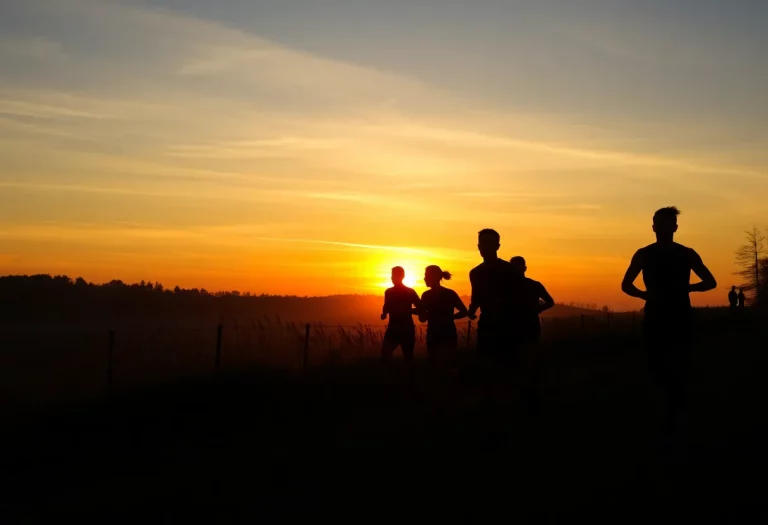Team members warming up for a cross-country race on a trail at sunrise.