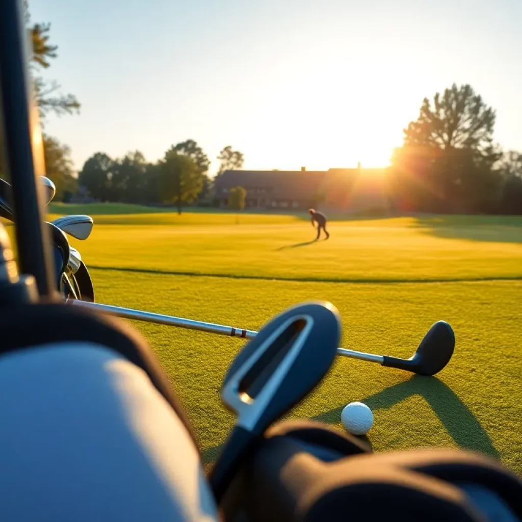 A scenic view of a golf course with players practicing.