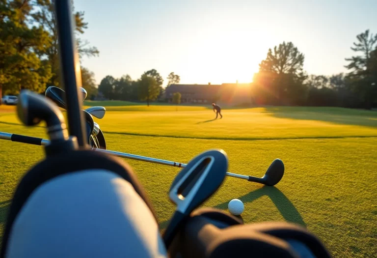 A scenic view of a golf course with players practicing.