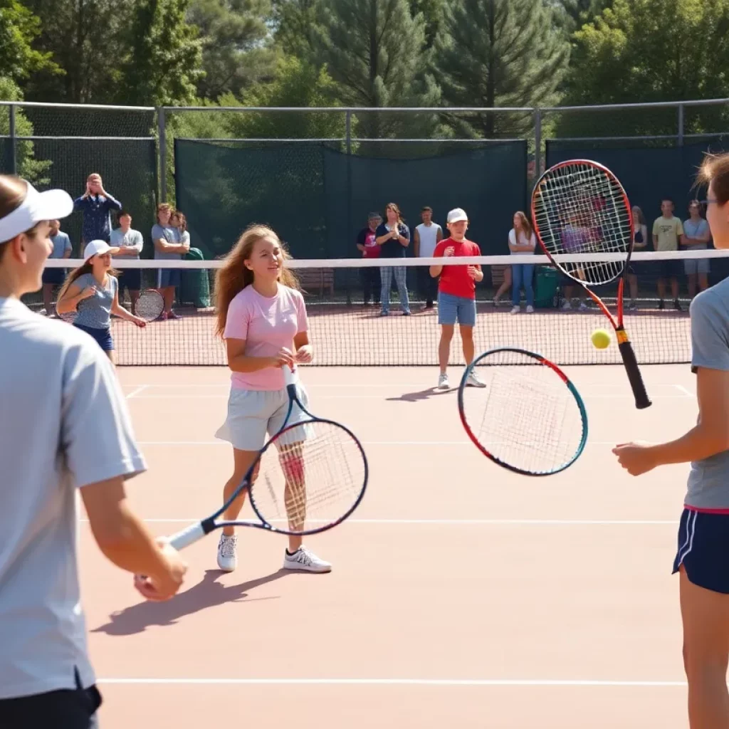High school tennis players competing on the court at Rawlins