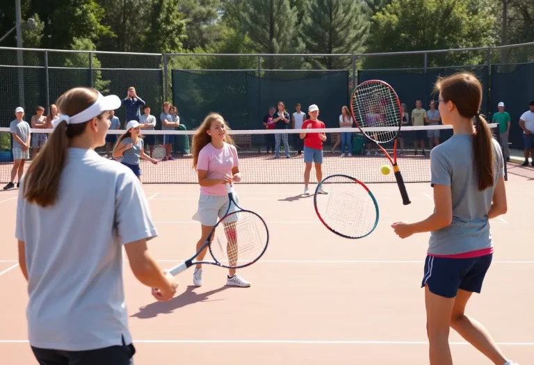 High school tennis players competing on the court at Rawlins