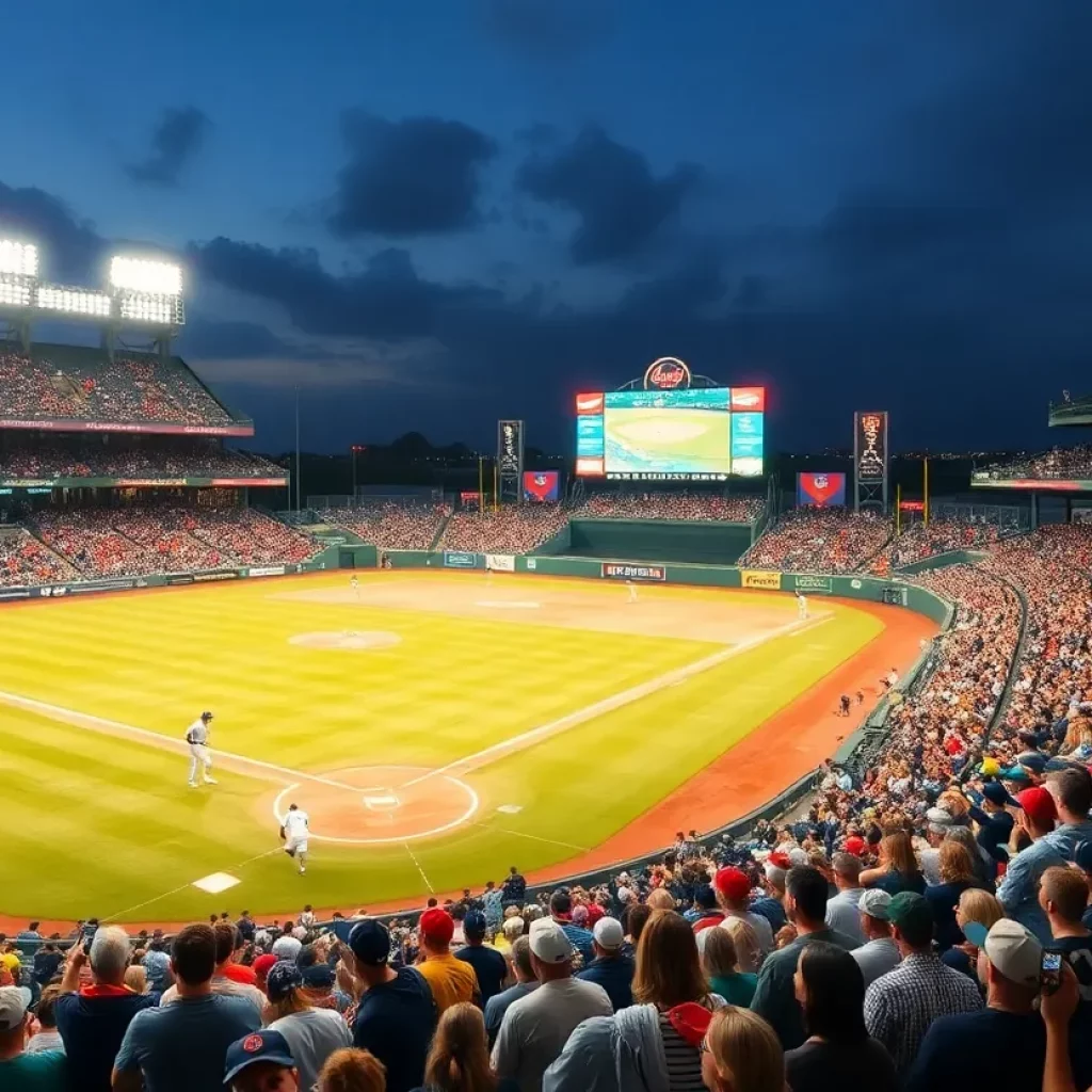 Fans cheering at a college baseball game in a packed stadium