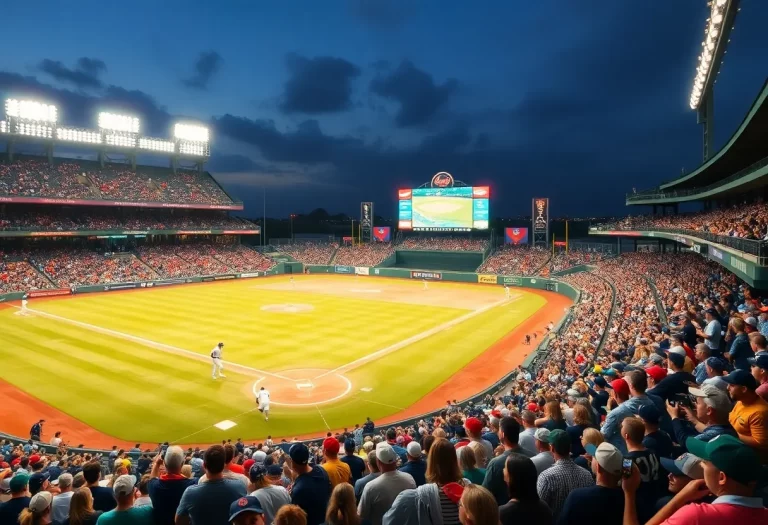 Fans cheering at a college baseball game in a packed stadium