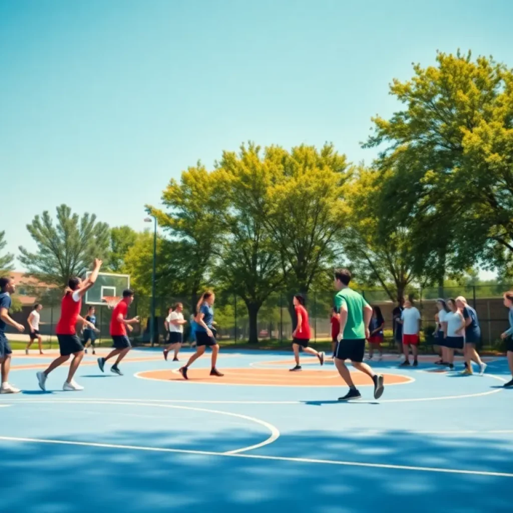 Students practicing basketball on a sunny day