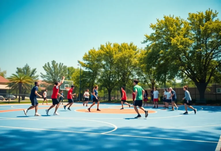 Students practicing basketball on a sunny day