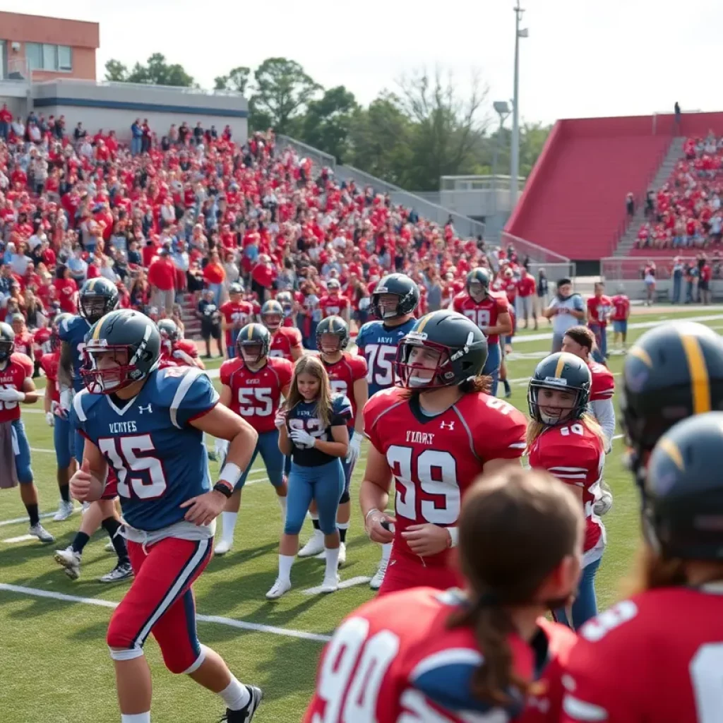 Players on a football field during a game, representing Richmond high school teams.